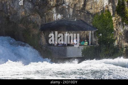 In einer Kanzel, welche auf dem Gebiet des Kanton Zürich liegt, beobachten Touristen den Rheinfall aus unmittelbarer Nähe. (Neuhausen am Rheinfall, SC Stockfoto