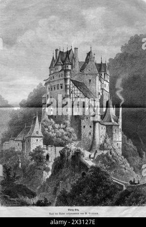 Architektur, Schlösser, Burg Eltz, Holzstich nach Zeichnung von Rudolf Cronau, 'die Gartenlaube', ADDITIONAL-RIGHTS-CLEARANCE-INFO-NOT-AVAILABLE Stockfoto