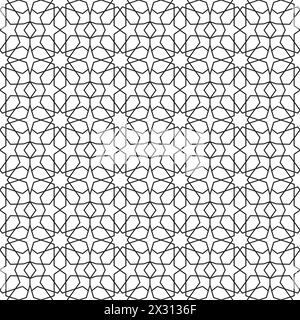 Nahtloses Marokko-Muster. Wiederkehrendes schwarzes marocco-Raster auf weißem Hintergrund. Wiederholtes einfaches marokkanisches Mosaikmotiv. Islamisches Texturdesign Stock Vektor