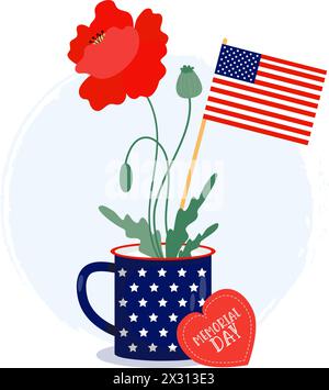 Glückwunschkarte zum Memorial Day. Amerikanische Fahnen in einer Tasse mit roter Mohnblume. Vektor-Illustration für Design nationale traditionelle Feiertage und Indepe Stock Vektor