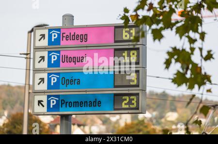 Das Parkleitsystem der Stadt Zürich zeigt am Samstag Nachmittag nur noch wenige Parkplätze in den vier Parkhäusern Feldegg, Utoquai, Opera und Promena Stockfoto