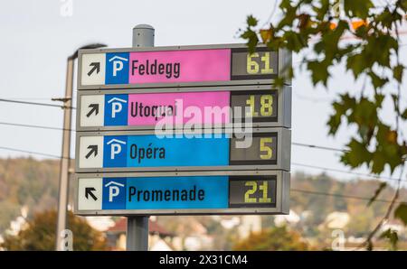 Das Parkleitsystem der Stadt Zürich zeigt am Samstag Nachmittag nur noch wenige Parkplätze in den vier Parkhäusern Feldegg, Utoquai, Opera und Promena Stockfoto