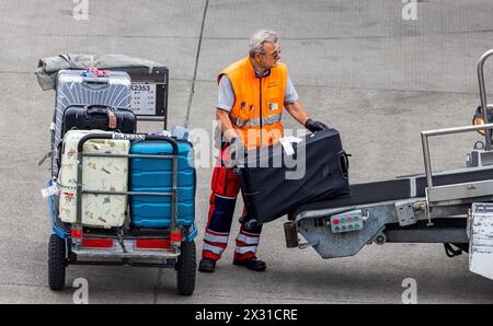 Ein Mitarbeiter von Swissport belädet ein Flugzeug mit Koffern von Reisenden am Flughafen in Zürich. (Zürich, Schweiz, 24.05.2022) Stockfoto