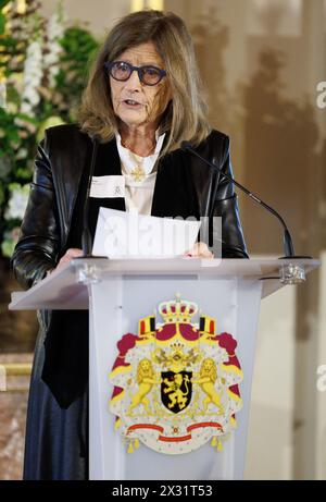 Brüssel, Belgien April 2024. Gräfin Ann D'Alcancatara hält eine Rede bei der Verleihung des Queen-Mathilde-Preises "ISEE/IDO" des Queen-Mathilde-Fonds am Mittwoch, den 24. April 2024, im Königlichen Palast in Brüssel. Jedes Jahr unterstützt der Fonds Dutzende von Initiativen in Belgien, die schutzbedürftige Kinder und Jugendliche unterstützen. Der Projektaufruf „Ich SEHE, IDEE, ich TUE“ bietet speziell Unterstützung und professionelle Beratung für junge Menschen, die nach Lösungen für lokale Herausforderungen suchen, und zielt somit darauf ab, das soziale Unternehmertum junger Menschen zu fördern. Während dieses letzten Zyklus ja Stockfoto