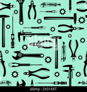 Nahtloses Muster für Arbeitsgeräte. Hammer, Zange, Schraubenschlüssel, Schraubendreher, Schneidmesser und Messschieber, schwarze Silhouetten Tapete, Hintergrund. Stock Vektor