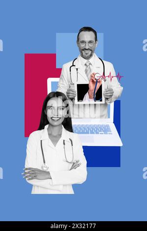 Kreative vertikale Bildcollage Ärzte medizinische Gesundheitsuntersuchung Computer Laptop Apotheke Prüfdiagramm Beratung Stockfoto