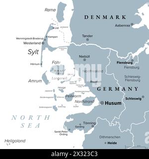 Nordfriesland oder Nordfriesland, graue politische Karte. Landkreis Deutschland, Teil von Schleswig-Holstein, mit Hauptstadt Husum und Insel Sylt. Stockfoto