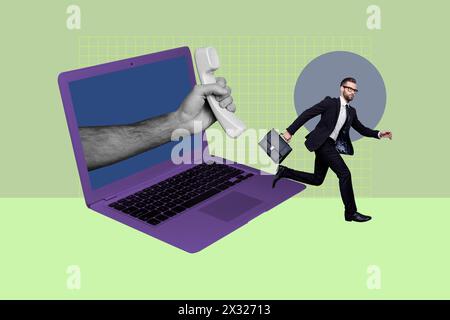 Zusammengesetzte Fotocollage des seriösen Geschäftsmannes führen Aktenkoffer macbook Peek Handtelefonempfänger isoliert auf gemaltem Hintergrund Stockfoto