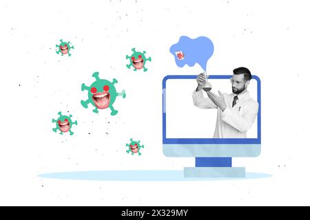 Kreative 3D Foto Collage Grafik Malerei der nachdenklichen Vorbereitung Virus Antidot isolierte weiße Farbe Hintergrund Stockfoto