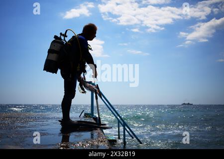 Ein Taucher bereitet sich darauf vor, ins Wasser zu tauchen Stockfoto