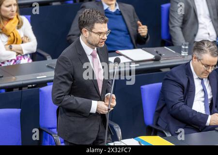 Marco Buschmann FDP, Bundesminister der Justiz, aufgenommen waehrend der Regierungsbefragung, in Berlin, 24.04.2024. Berlin Deutschland *** Marco Buschmann FDP , Bundesjustizminister, während der Regierungskonsultation in Berlin, 24 04 2024 Berlin Deutschland Copyright: xLorenzxHuterxphotothek.dex Stockfoto