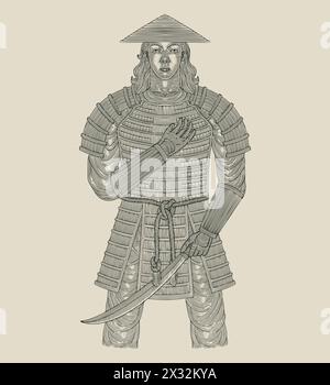 Samurai Krieger mit Schwert, Vintage Gravur Zeichnung Stil Illustration Stock Vektor