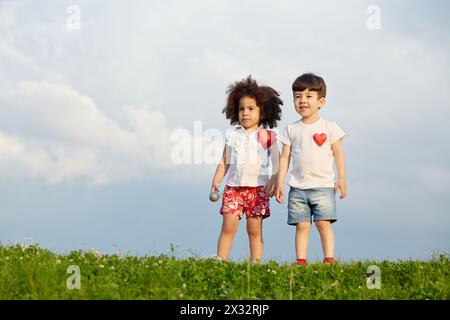 Das kleine Mädchen und der Junge stehen auf einer grasbewachsenen Wiese vor bewölktem Himmel, das Mädchen hält das Spielzeugmikrofon in der Hand, rote Herzen sind an ihre Hemden geheftet Stockfoto