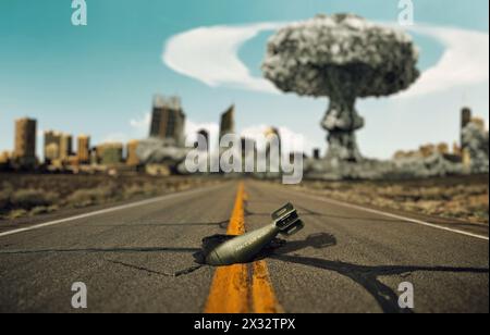 Bombe On The Road. Hintergrund Eine nukleare Explosion. Stockfoto