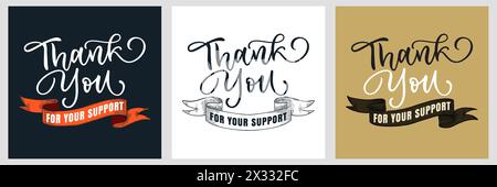 Vielen Dank für Ihre Unterstützung, Karten gesetzt. Handgezeichneter Kalligraphie-Schriftzug und Band. Typografie handgeschriebenes Designelement für Banner, Flyer, Etiketten oder Stock Vektor