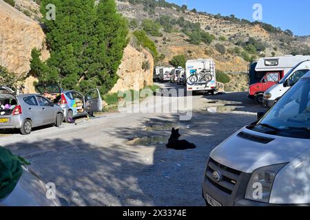 Alternative in Wohnwagen und Autos, die entlang der Strandstraße an der spanischen Costa del Sol geparkt werden Stockfoto