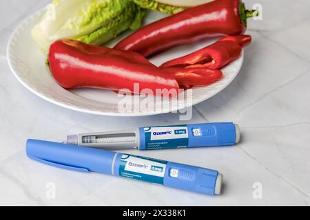 Ozempic Insulininjektionsstift für Diabetiker und Gewichtsverlust. Stockfoto