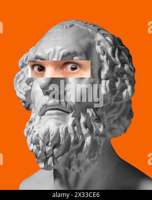 Antike Statuenbüste mit Make Eye Fotoelement auf orangem Hintergrund. Intensiver, seriöser, tiefer Look. Modernes Design. Moderne farbenfrohe Kunstcollage. Stockfoto