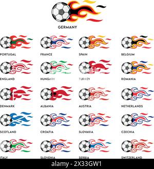 Fußball mit Fahnen Flammen des europäischen Fußballturniers 2024. Vektorillustration auf weißem Hintergrund Stock Vektor