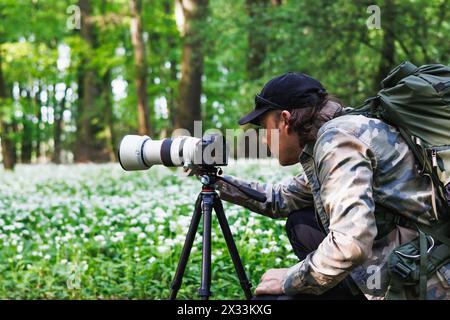 Der Tierfotograf stellt die Kamera auf ein Stativ. Der Mann fotografiert im Frühlingswald Stockfoto