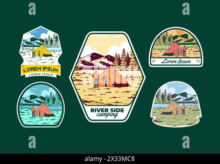 Camping am Fluss. Vintage-Design mit Illustrationen für den Außenbereich Stock Vektor