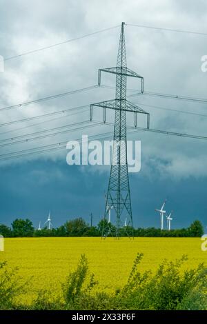 Strommast, Windräder, Rapsfeld, Frühling, Sachsen-Anhalt, Ostdeutschland, Deutschland Stockfoto