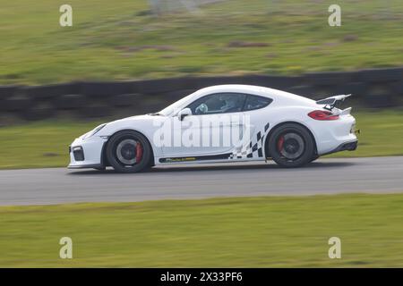 Porsche Car Speeding am Pembrey Circuit Track Day in Pembrey, Carmarthenshire, Wales, Großbritannien Stockfoto