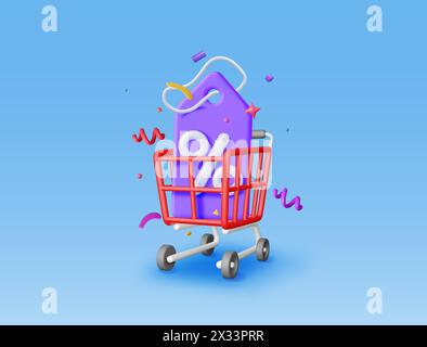 3D-Warenkorb und Gutschein mit Prozentsymbol Stock Vektor