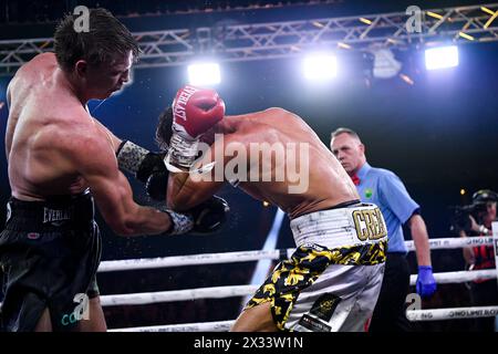 24. April 2024; Hordern Pavilion, Sydney, NSW, Australien: Australian Super Welterweight Title, Nikita Tszyu gegen Danilo Creati; Nikita Tszyu wirft Danilo Creati einen Aufwärtstrend Stockfoto