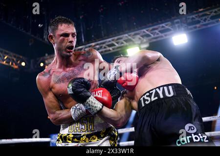 24. April 2024; Hordern Pavilion, Sydney, NSW, Australien: Australian Super Welterweight Title, Nikita Tszyu gegen Danilo Creati; Nikita Tszyu wirft Danilo Creati einen Aufwärtstrend Stockfoto