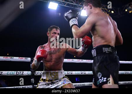 24. April 2024; Hordern Pavilion, Sydney, NSW, Australien: Australian Super Welterweight Title, Nikita Tszyu gegen Danilo Creati; Danilo Creati fokussiert auf seinen Gegner Nikita Tszyu Stockfoto