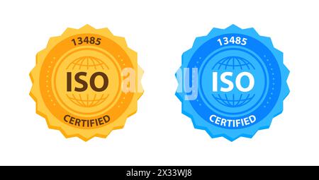 ISO 13485 Qualitätsmanagement-Zertifizierungsabzeichen Gold und Blau. Vektorabbildung Stock Vektor