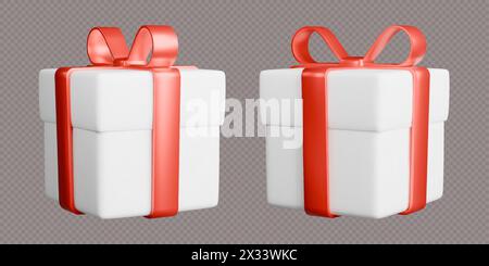 Geschenkboxen mit Bändern, realistische weiße 3D-Schachteln mit roten Schleifen. Überraschungsgeschenk isoliert auf grauem Hintergrund. Stock Vektor