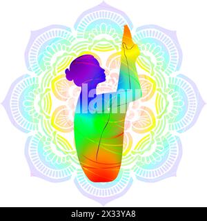 Farbenfrohe Silhouette einer Frau, die Urdhva Mukha Paschimottanasana-Pose praktiziert. Boot mit Oberschenkeln in Bruststellung. Isolierte Vektordarstellung Stock Vektor