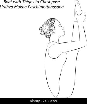 Skizze einer jungen Frau, die Urdhva Mukha Paschimottanasana-Pose praktiziert. Boot mit Oberschenkeln in Bruststellung. Mittlere Schwierigkeit. Vektorabbildung. Stock Vektor