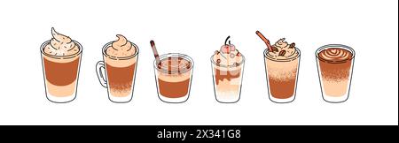 Minimalistischer Illustrationssatz von Kaffeetassen isoliert auf weißem Hintergrund. Heißes und kaltes Kaffeegetränk. Espresso, Americano-Tasse, Cappuccino und Latte Stock Vektor