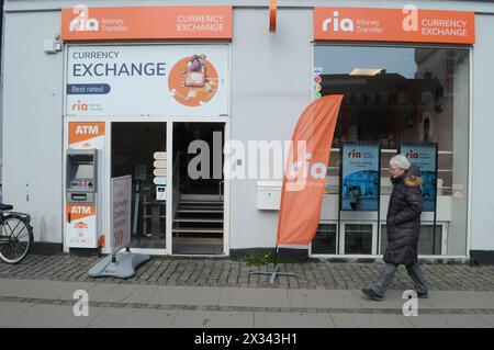 Kopenhagen/Dänemark/24. April 2024/Wechselstube von Ria für Geldtransfers in dänischer Hauptstadt. (Photo.Francis Joseph Dean/Dean Pictures) (nicht für kommerzielle Zwecke) Stockfoto