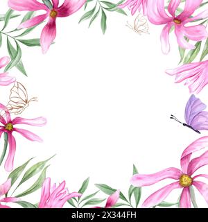 Rosa Magnolie, grüne Blätter und flatternde Schmetterlinge. Frühlingsblumen. Quadratischer romantischer Rahmen mit Kopierraum für Text. Aquarellabbildung. Stockfoto
