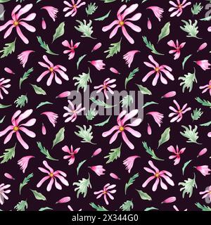 Abstrakte rosa Blumen und Blätter. Nahtloses Muster von Frühlingspflanzen. Magnolienblume. Aquarellabbildung isoliert auf schwarzem Hintergrund. Stockfoto