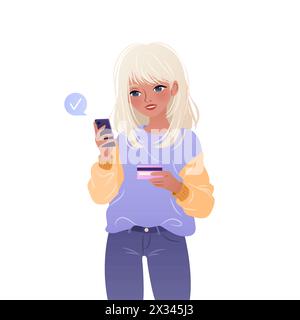 Die junge Frau steht und benutzt ihr Smartphone. Stock Vektor