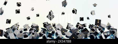 Graduierungskappen geworfen. Banner aus vielen Hüten.3d-Rendering Stockfoto