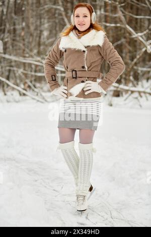 Rothaariges Teenager-Mädchen mit Zahnspangen steht auf Schlittschuhen mit ihren Händen akimbo im Winterpark. Stockfoto