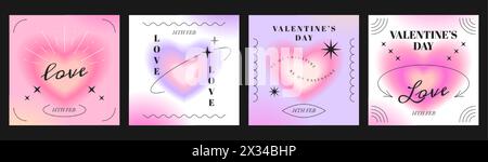 Quadratische Vektorgrußkarten zum valentinstag im trendigen y2k-Stil. Typografie-Poster oder romantisches Banner mit verschwommenem Farbverlauf von Aura Love Heart. Postvorlagen in sozialen Medien mit Liebessymbol, glitzert. Stock Vektor