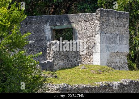 Tabby House Ruinen eines unvollendeten Hauses, das 1854/5 von Charles Thomson auf Fort George Island bei Kingsley Plantation in Jacksonville, FL, erbaut wurde. Stockfoto