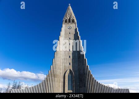 Hallgrimskirkja modernistische Kirche, die an Basaltsäulen in Reykjavik, Island, erinnert, moderner Glockenturm und Flügel vor klarem blauem Himmel, symmetrische Ansicht. Stockfoto