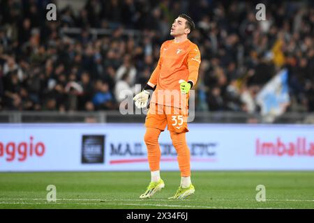 Lazios Torhüter Christos Mandas feiert nach dem ersten Tor seiner Mannschaft während des Coppa Italia Football-Spiels zwischen SS Lazio und Juventus AT Stockfoto