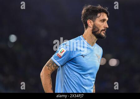 Lazios Luis Alberto reagiert auf das Coppa Italia Football Spiel zwischen SS Lazio und Juventus im Stadio Olimpico am 23. April 2024 in Rom Stockfoto