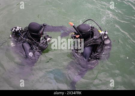 Zwei Männer mit moderner Ausrüstung tauchen im Wasser des Flusses, Blick von oben Stockfoto