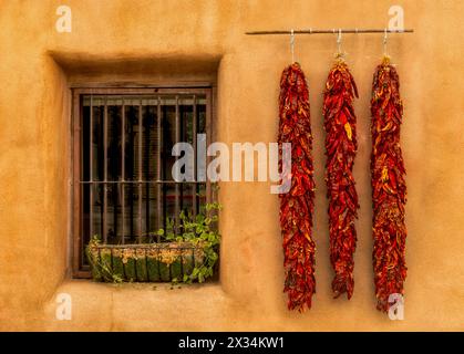 Getrocknete Chilis hängen an einer Wand in Oldtown Albuquerque, New Mexico. Stockfoto
