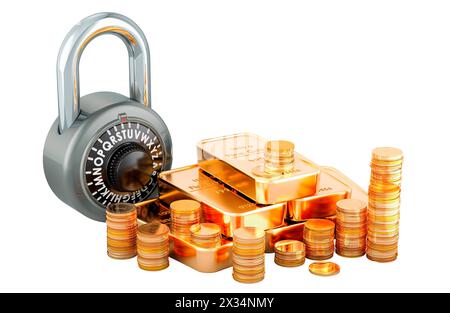 Goldbarren und Goldmünzen mit Vorhängeschloss. Finanzieller Schutz, Konzept. 3D-Rendering isoliert auf weißem Hintergrund Stockfoto
